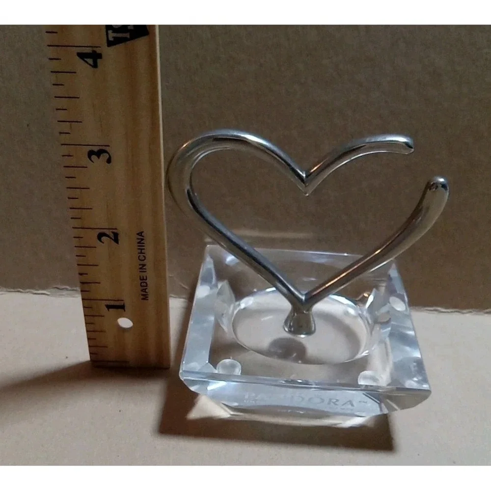 Pandora Etched Crystal & Silver Open Heart Charm‎ Ring Holder Jewelry Stand